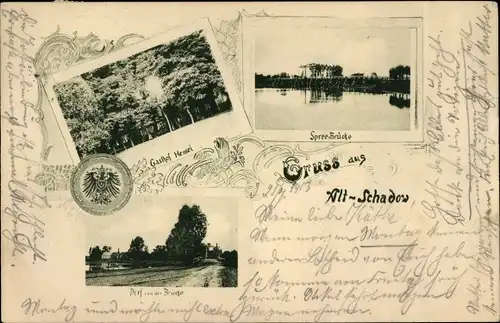 Ak Alt Schadow Märkische Heide, Spreebrücke, Gasthof Hensel, Dorfansicht