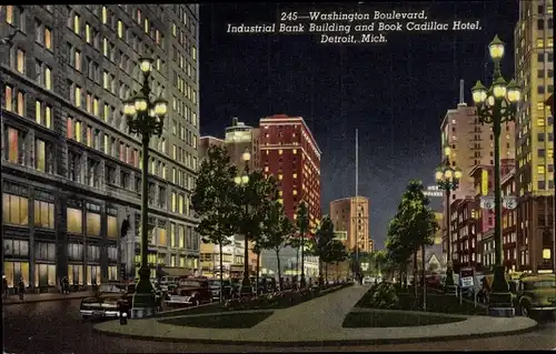 Ak Detroit Michigan USA, Washington Boulevard, Industrial Bank Building, Book Cadillac Hotel, night