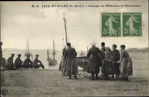 Ak Etaples Pas de Calais, Groupe de Pecheurs et Pecheuses