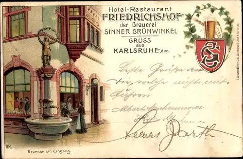 Litho Karlsruhe in Baden, Hotel-Restaurant Friedrichshof der Brauerei Sinner Grünwinkel, Brunnen