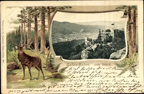 Präge Passepartout Ak Baden Baden im Stadtkreis Baden Württemberg, Blick auf altes Schloss, Hirsch