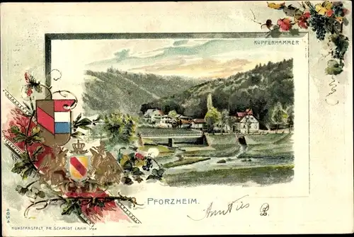 Passepartout Litho Pforzheim im Schwarzwald, Kupferhammer, Wappen