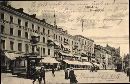 Ak Koblenz am Rhein, Rheinzollstraße, Hotel zum Riesen Fürstenhof, Straßenbahn