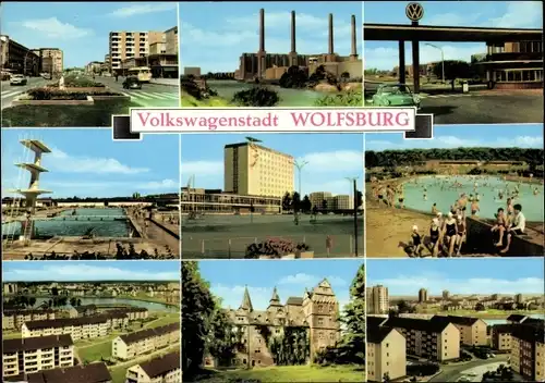 Ak Wolfsburg in Niedersachsen, Schwimmbad, VW Werk, Wohnhäuser, Schloss
