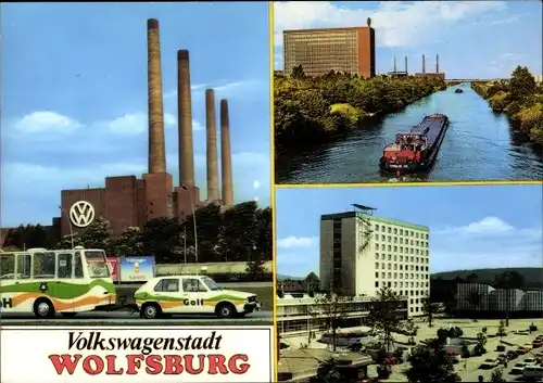Ak Wolfsburg in Niedersachsen, VW Werk, Bus, Golf, Hochhaus, Frachter