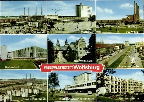 Ak Wolfsburg Niedersachsen, VW Werk, Rathaus, Porschestraße, Rathaus, Hallenbad