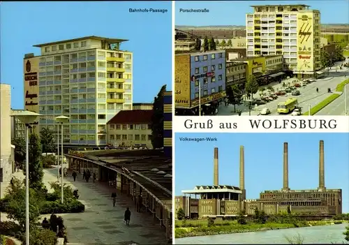 Ak Wolfsburg in Niedersachsen, Bahnhof Passage und VW Werk, Porschestraße