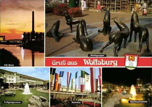 Ak Wolfsburg in Niedersachsen, VW Werk bei Nacht, Wolfsgruppe, Rathaus