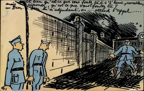 Ak Französische Soldaten, Soldatenleben, Mauer, Wache, Mondschein