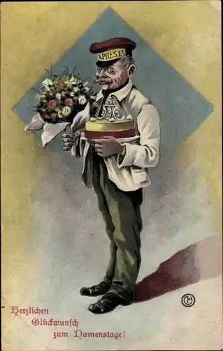 Künstler Ak Glückwunsch Namenstag, Mann mit Blumenstrauß und Torte