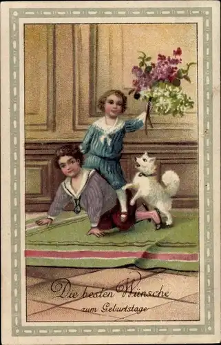 Passepartout Ak Glückwunsch Geburtstag, Kinder, Blumenstrauß, Hund