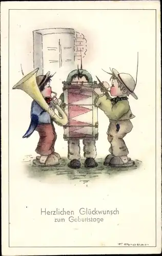 Künstler Ak Glückwunsch Geburtstag, Kinder mit Musikinstrumenten, Trommel