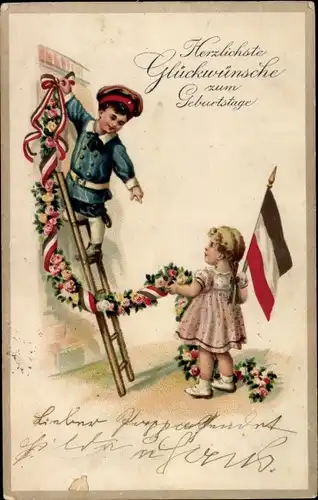 Ak Glückwunsch Geburtstag, Kinder, Blumen, Kaiserliche Fahne