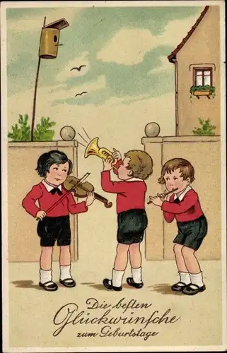 Ak Glückwunsch Geburtstag, Kinder mit Musikinstrumenten, Geige, Flöte, Trompete