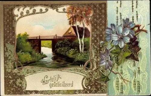 Ak Glückwunsch, Hartelijk gefeliciteerd, Dorfpartie, Brücke, Blumen