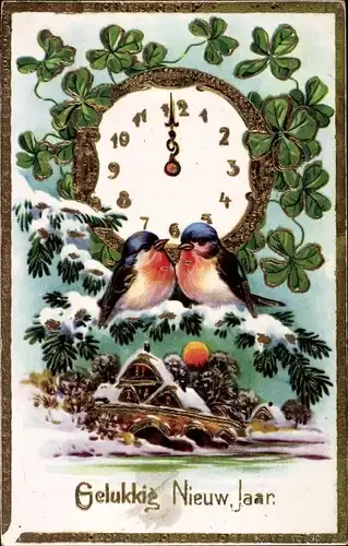 Ak Glückwunsch Neujahr, Uhr, Vögel, Tannzweige, Glücksklee
