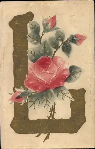 Präge Buchstaben Ak Buchstabe L, Blühende Rose