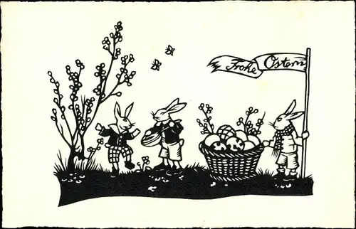 Ak Glückwunsch Ostern, Osterhasen, Ostereier, Blume, Schmetterlinge