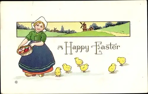 Ak Glückwunsch Ostern, Mädchen in niederländischer Tracht, Küken, Ostereier, Windmühle