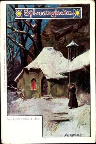 Künstler Ak Splitzgerber, Glückwunsch Neujahr, Sylvesterglocken, Wohnhaus, Winterszene