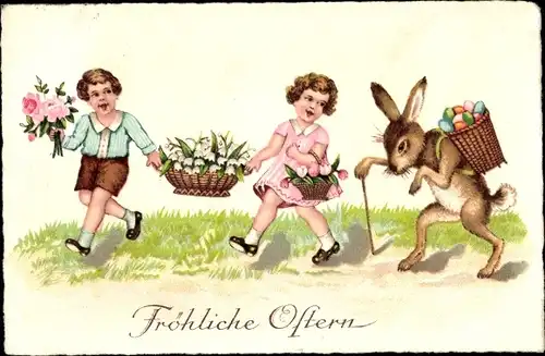 Ak Glückwunsch Ostern, Kinder, Blumen, Osterhase, Ostereier