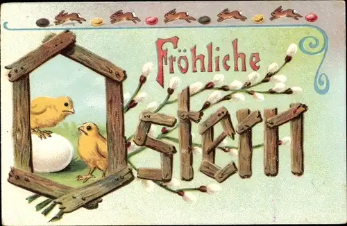 Ak Glückwunsch Ostern, Osterhasen, Küken, Weidenkätzchen