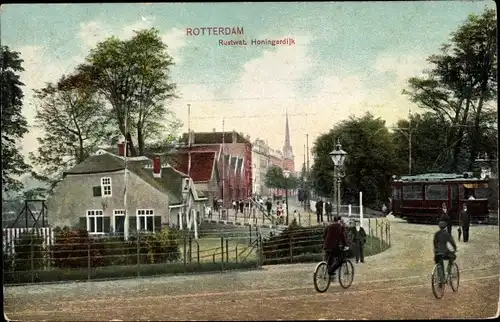 Ak Rotterdam Südholland Niederlande, Rustwat. Honingerdijk, Straßenbahn