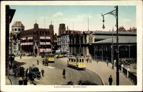 Ak Rotterdam, Südholland, Niederlande, Leuvehaven, Straßenbahnen