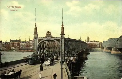 Ak Rotterdam Südholland Niederlande, Maasbrug, Maasbrücke, Straßenbahn, Fuhrwerke