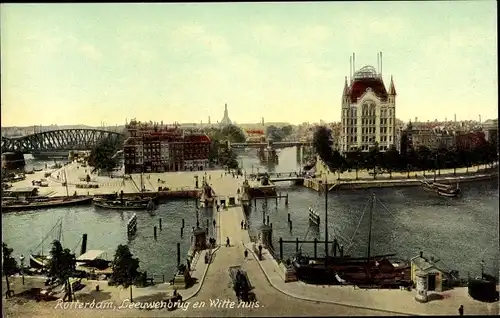 Ak Rotterdam Südholland Niederlande, Leeuwenbrug, Witte huis, Brücke, Fluss