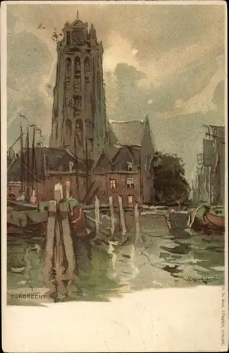 Künstler Ak Cassiers, Henri, Dordrecht Südholland Niederlande, Kanalpartie, Kirche