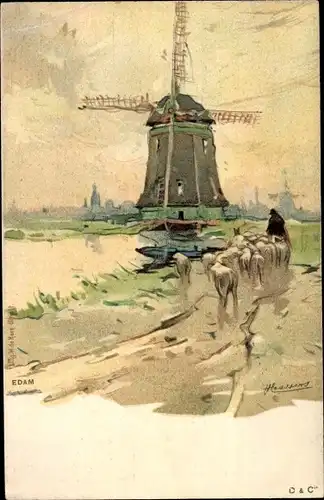 Künstler Litho Cassiers, H., Edam Volendam Nordholland Niederlande, Windmühle