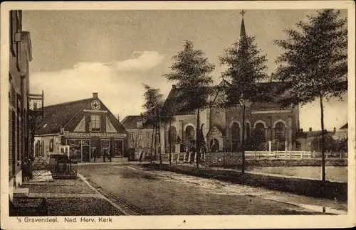 Ak 's Gravendeel Südholland, Ned. Herv. Kerk, Kanal, Brücke, Kirche