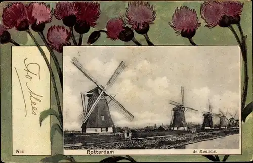 Passepartout Ak Rotterdam Südholland Niederlande, de Moolens, Windmühle