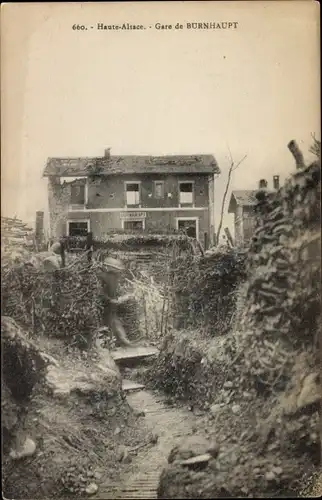 Ak Burnhaupt Haut Rhin, Vue de la Gare, Kriegszerstörungen, I WK