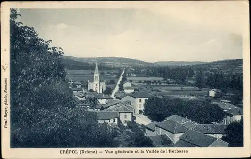 Ak Crepol Drôme, Vue generale et le Vallee de l'Herbasse