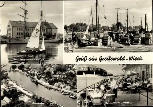 Ak Wieck Eldena Greifswald, Seesportschule der GST, Fischereihafen, HO Gaststätte Utkiek,