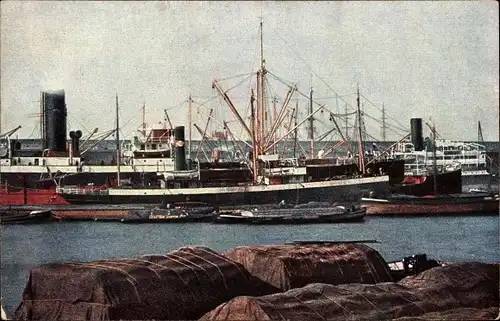 Ak Bremerhaven, Blick auf den Hafen, Dampfer, Segelschiffe, Verpackte Fracht