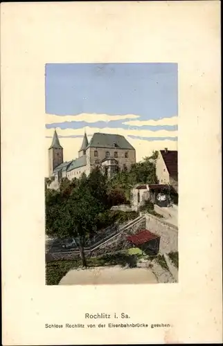 Ak Rochlitz an der Mulde, Schloss von der Eisenbahnbrücke gesehen