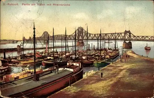 Ak Ruhrort Duisburg im Ruhrgebiet, Partie am Hafen mit Rheinbrücke