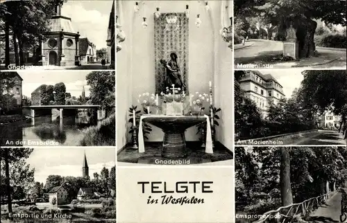 Ak Telgte in Nordrhein Westfalen, Gnadenkapelle, Gnadenbild, Emsbrücke, Marienlinde, Marienheim