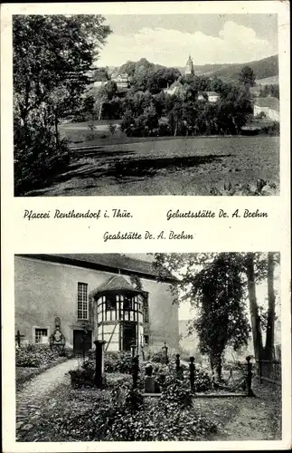 Ak Renthendorf in Thüringen, Pfarrei, Geburtsstätte Dr. A. Brehm, Grabstätte, Panorama