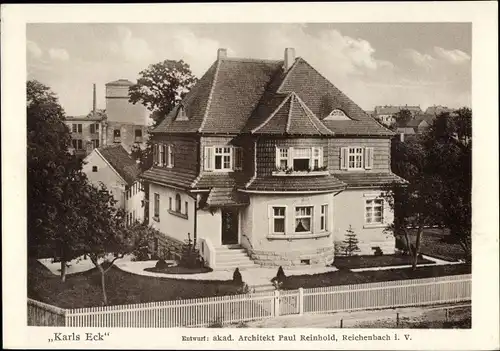 Ak Reichenbach im Vogtland, Karls Eck, Gesamtansicht, Straßenseite