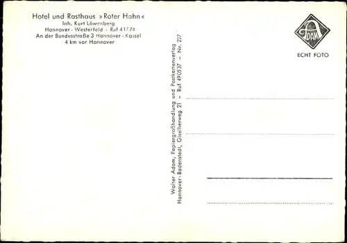 Ak Westerfeld Hemmingen in Niedersachsen, Hotel und Rasthaus roter Hahn, Inh. Kurt Löwenberg