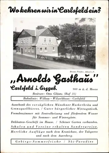 Ak Carlsfeld Eibenstock im Erzgebirge, Arnolds Gasthaus