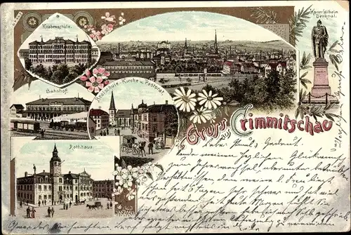 Litho Crimmitschau in Sachsen, Total, Rathaus, Bahnhof, Kirche m. Pastorat, Knabenschule, Realschule