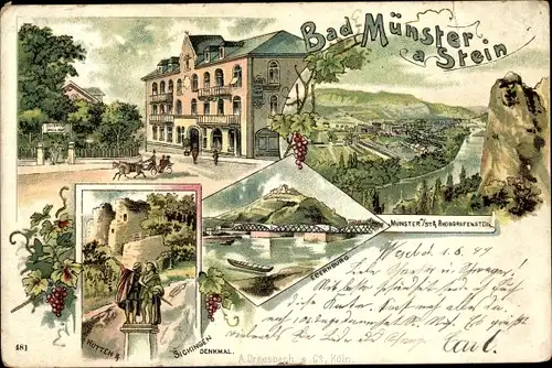 Litho Bad Münster am Stein Ebernburg, Englischer Hof, Sickingen Denkmal, Rheingrafenstein