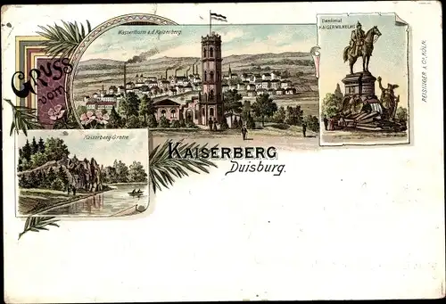 Litho Duissern Duisburg im Ruhrgebiet, Kaiserberg, Denkmal Kaiser Wilhelm I, Wasserturm, Grotte