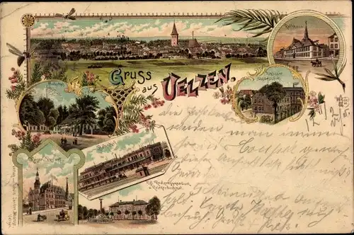 Litho Uelzen in Niedersachsen, Totalansicht, Fischerhof, Bahnhof, Postamt, Rathaus, Gymnasium