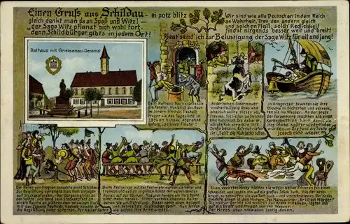 Ak Schildau Belgern Schildau, Rathaus mit Gneisenau Denkmal, Gedicht, Humor